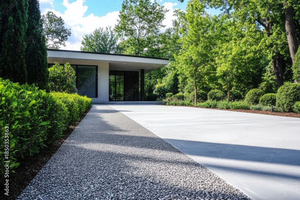 Fototapeta premium A contemporary building is elegantly nestled among lush green trees, featuring a smooth pathway that invites exploration, all under a vivid blue sky lit by bright daylight