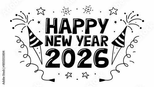 Happy New Year 2026 hand-drawn lettering with festive decorations