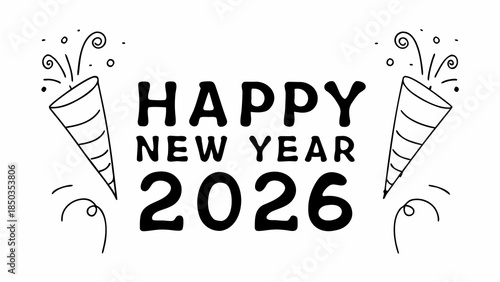 Happy New Year 2026 hand-drawn lettering with festive decorations