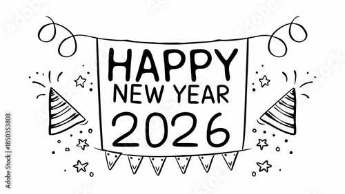 Happy New Year 2026 hand-drawn lettering with festive decorations