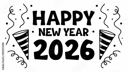 Happy New Year 2026 hand-drawn lettering with festive decorations