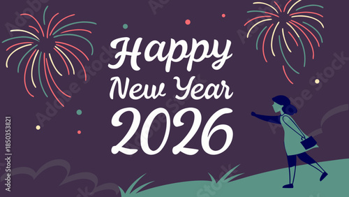 Happy New Year 2026 hand-drawn lettering with festive decorations