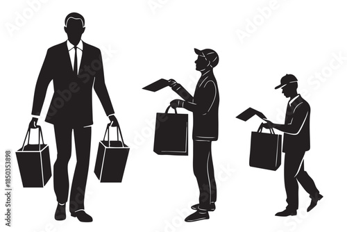 Silhouette of person walking with shopping bag and paper, ideal for retail, delivery, errands, and consumer themes