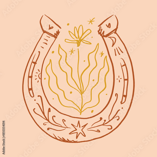 The coquette aesthetic pink lucky horseshoe with mystical folk art floral elements vector hand drawn illustration. Modern folk patterned image inspired by groovy hippie vibe and nursery dry brush
