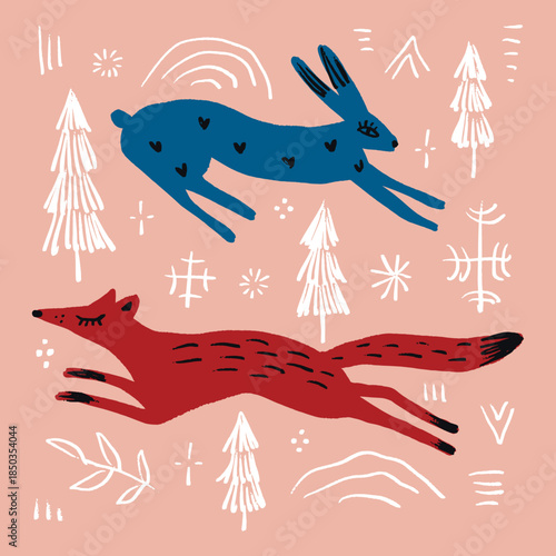 Fairytale fox and hare modern leaping ornate nursery animals against pink snowflakes and trees winter background. Rustic Scandinavian naive print for interior, clothing and other. Scandi pastel colors