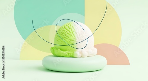 Refreshing lime and vanilla ice cream scoop with abstract pastel shapes