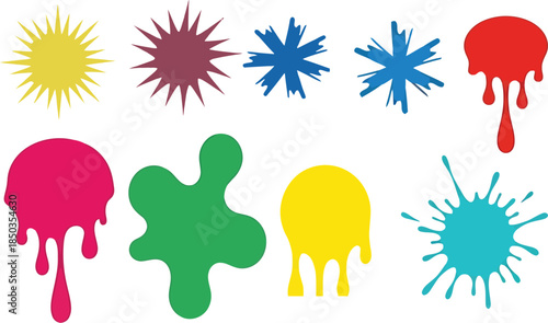 Vibrant Vector Paint Splashes, Drips, and Abstract Starburst Elements Set