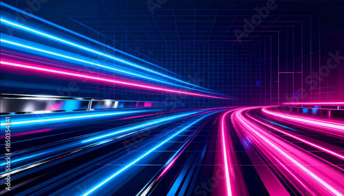 Neon trail bright neon lines with a glow effect and a slight blur in motion modern, urban style. Suitable for music videos, tech design and logos. Vector. EPS.