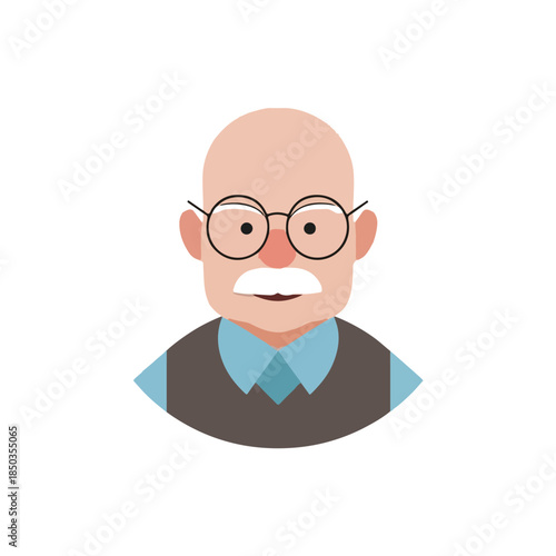 Elderly Man Avatar Bald Head, Glasses, Mustache, Shirt