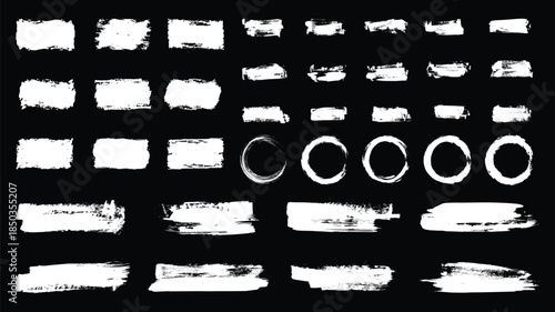 White grunge post brush, circles and rectangles. Blank shapes. Banners, insignias, logos, icons, labels and badges collection.