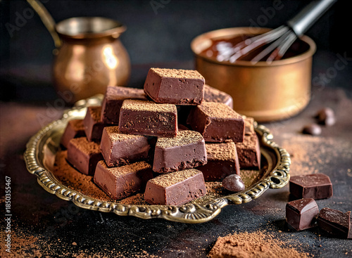 Italienische Schokoladen Trüffel auf einem nostalgischen Torten Tablett mit einer nostalgischen Kupfer Schale mit flüssiger Schokolade und einem Rührbesen