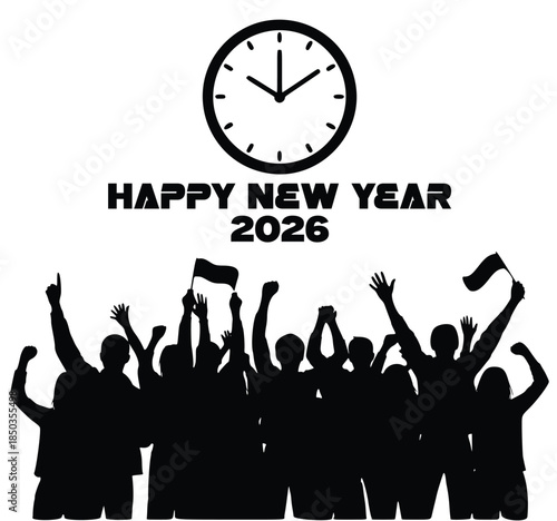 Crowd of people dancing together at HAPPY NEW YEAR 2026  party or concert in silhouette style illustration