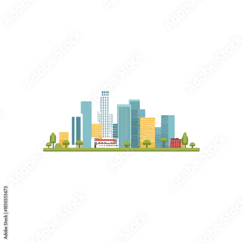 Minimalist Cityscape Illustration Featuring Modern Buildings and Trees