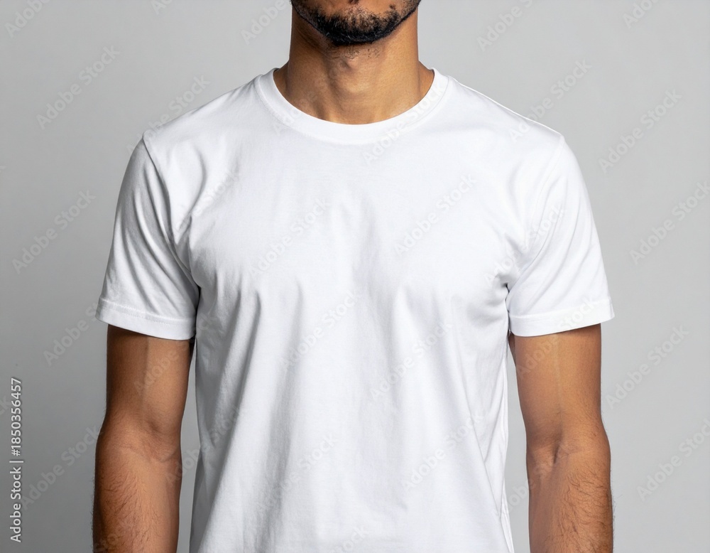 Fototapeta premium Close-up of an anonymous man wearing a simple, clean, blank white t-shirt against a neutral background, perfect for custom branding or design mockups
