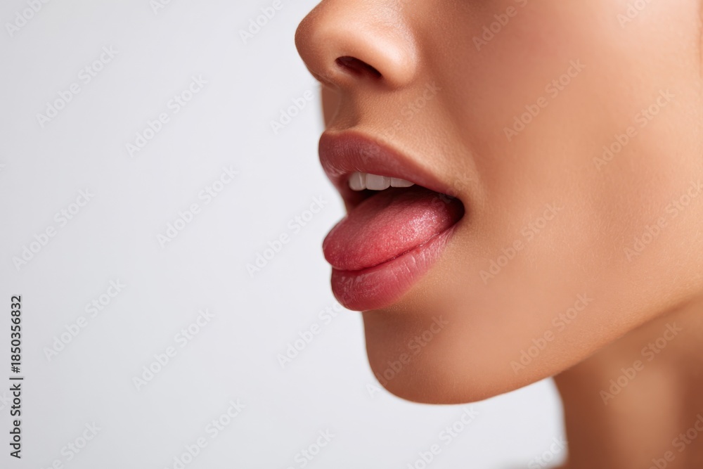 Obraz premium Close-up of female caucasian adult with tongue out against white background