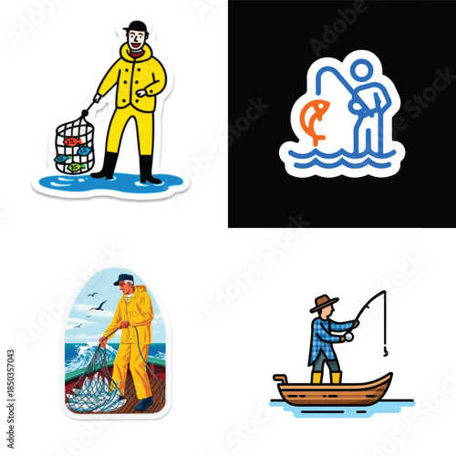 Fisherman catching fish in various styles and settings  
