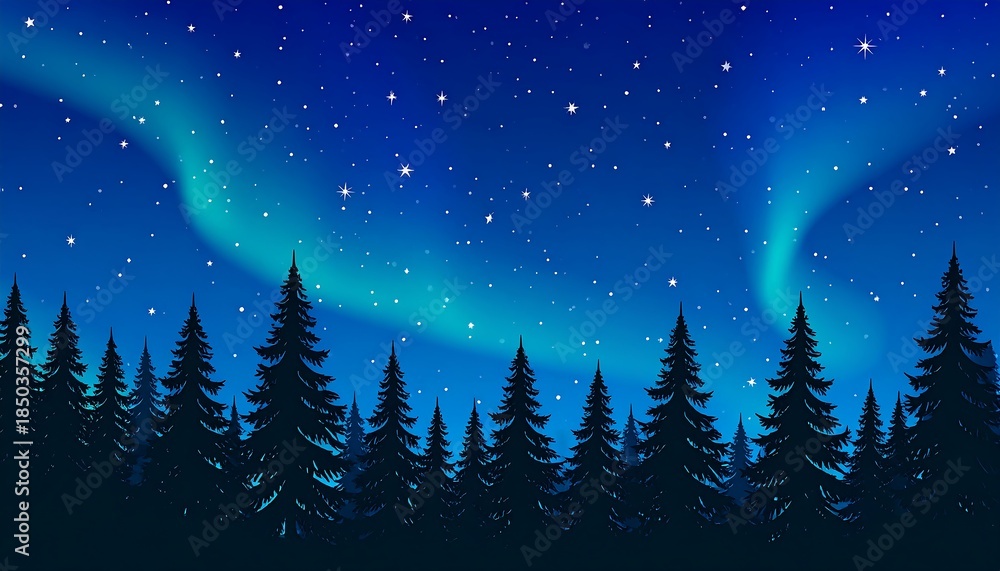 Fototapeta premium Northern Lights. Tall pine trees under the starry night sky with blue and green aurora borealis