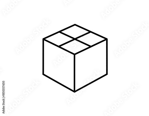 Isometric cube outline, top split into four squares. Black lines, white background. Geometric, minimalist