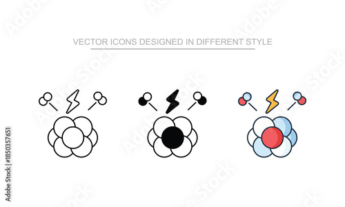 Nuclear Fission icon set in different style with white background illustration
