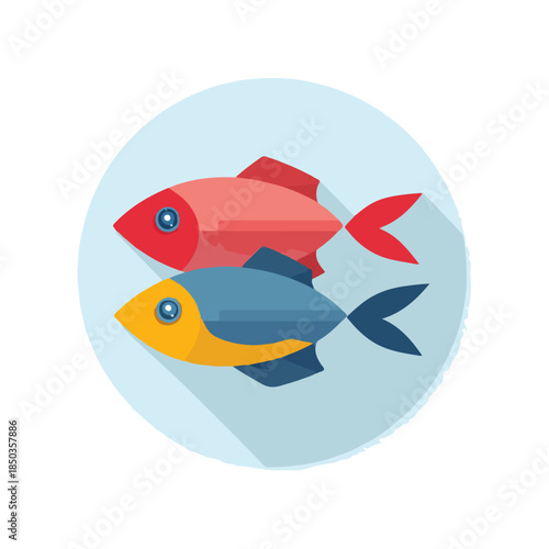 Colorful Flat Fish Duo in Round Frame Aquatic Design