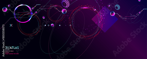 New Dark retro futuristic 3I ATLAS cyberpunk elements abstraction background cosmos synthwave vaporwave retrowave glitch circle with blue and pink glow
