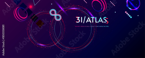 New Dark retro futuristic 3I ATLAS cyberpunk elements abstraction background cosmos synthwave vaporwave retrowave glitch circle with blue and pink glow