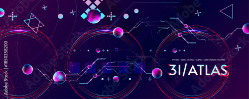 New Dark retro futuristic 3I ATLAS cyberpunk elements abstraction background cosmos synthwave vaporwave retrowave glitch circle with blue and pink glow