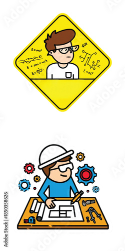 Engineering illustrations of a student and a designer at work  