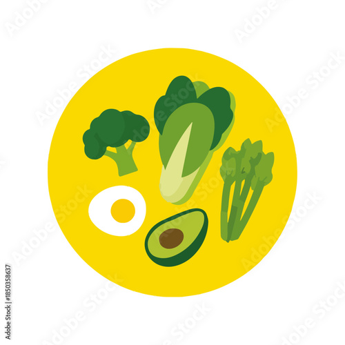 Healthy Food Illustration Broccoli, Avocado, Bok Choy, Egg, Asparagus
