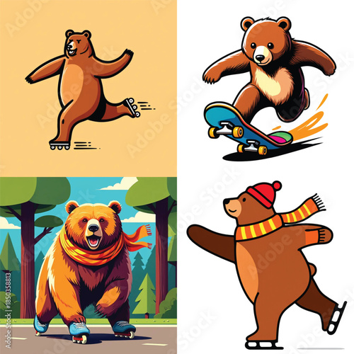 Cartoon bears skating and skateboarding in vibrant outdoor settings  