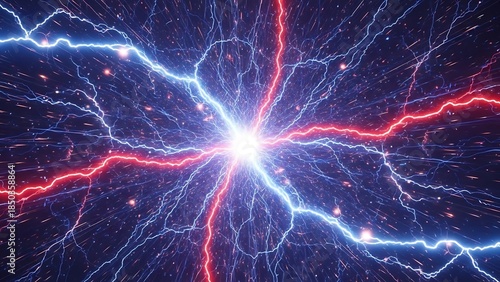 Electricity discharge with lightning bolts and sparks in a dark environment from a central point of view