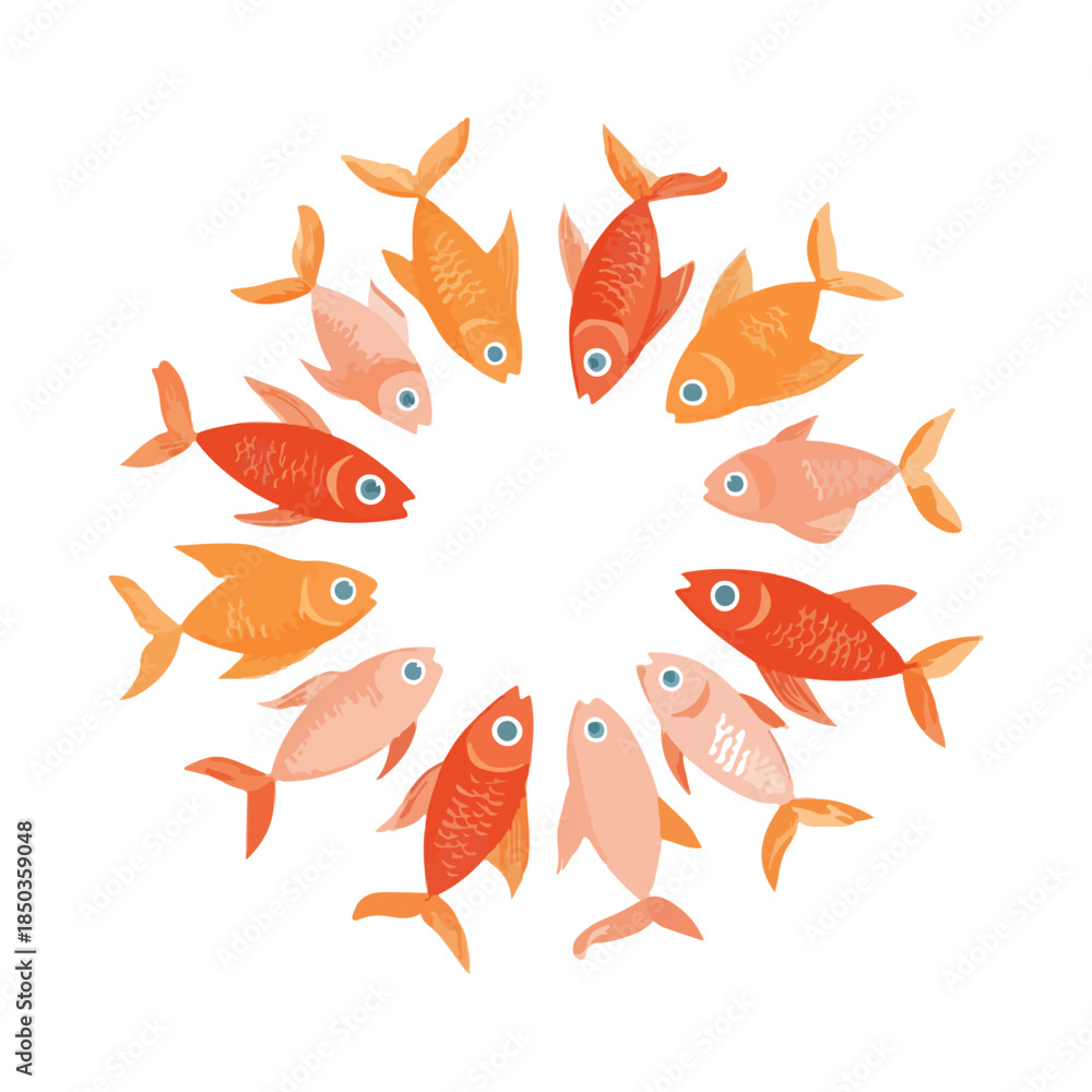 Fototapeta premium Playful Circle of Colorful Fish on White Background