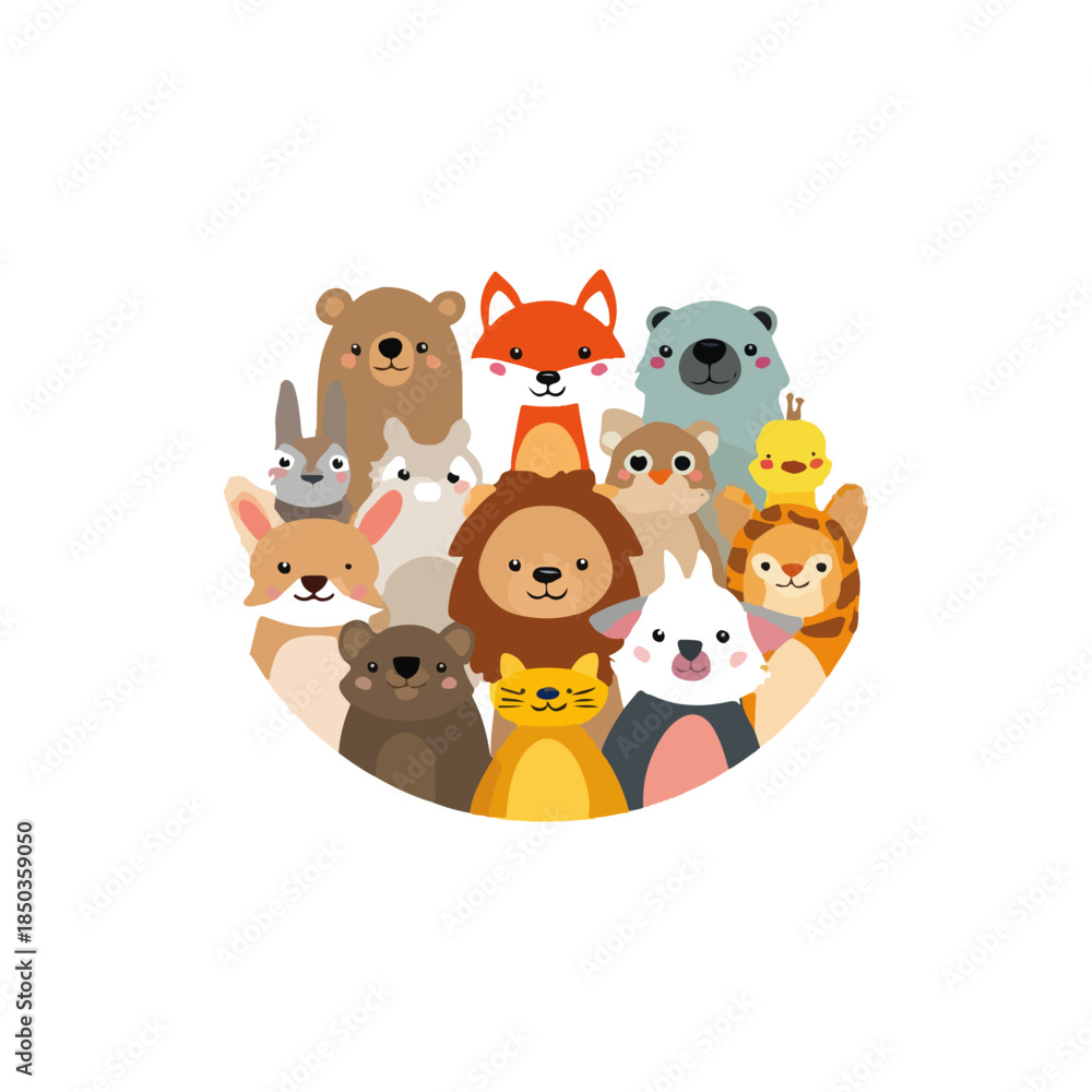 Fototapeta premium Playful Animal Friends Cute Cartoon Character Collage