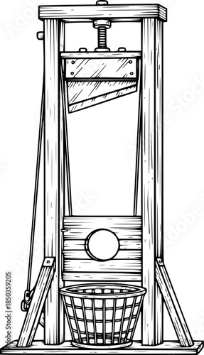 Vintage Guillotine Execution Device Hand Drawn Etching. French Revolution, Black & White Outline Line Art, History, & Justice Graphic.

