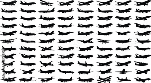 Airplanes and Aircraft Silhouette Collection: Diverse Set of Commercial Jets, Propeller Planes, and Private Transportation for Travel, Aviation, and Flight Concepts.