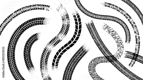 Background with tire wheel marks of cars. Vector illustration
