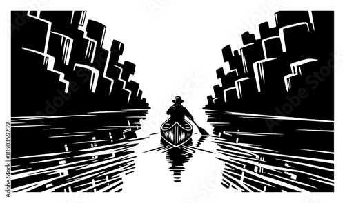 Black and white linocut illustration of a person canoeing in a river canyon