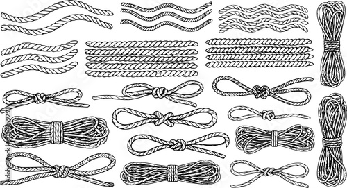 Wavy rope curve set. Repeating hemp cord stripes collection. Wavy loop tie braid bundle. Seamless black and white plait pattern. Vector marine twine design elements for banner, poster, frame, border