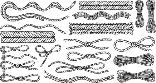 Wavy rope curve set. Repeating hemp cord stripes collection. Wavy loop tie braid bundle. Seamless black and white plait pattern. Vector marine twine design elements for banner, poster, frame, border