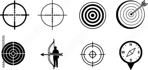 Target and aim icon set, crosshair, bullseye vector, precision, accuracy, and focus icon for aiming, archery, shooting, or navigation
