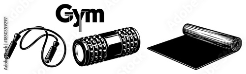 Vintage gym accessories set featuring jump rope foam roller and yoga mat in engraving style