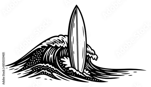 Stylized surfboard emerging from a large crashing ocean wave in monochrome vintage engraving style