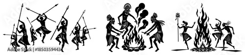 Tribal people silhouettes dancing around bonfire with spears in hands