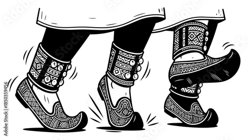 Close up of traditional dancers feet wearing ethnic shoes and anklets