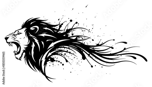 side view of roaring lion head with flowing mane and ink splatters