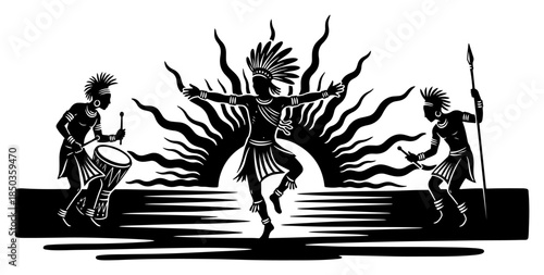 Tribal shaman dancing with warriors during sunset ritual ceremony