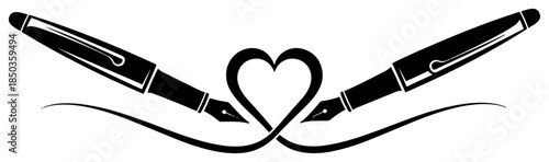 Two fountain pens writing a heart shape symbol of love letter