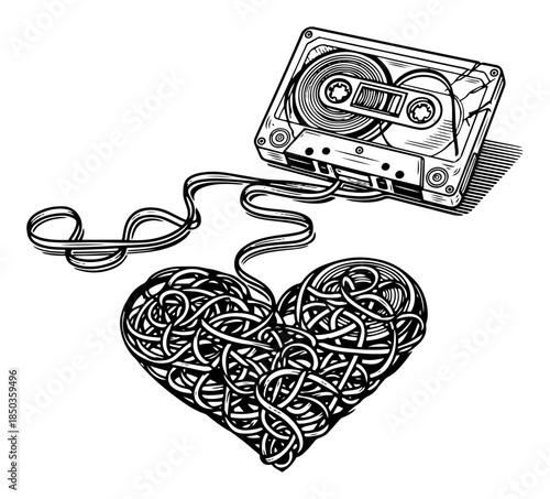 Retro audio cassette tape with ribbon tangled into a heart shape in linocut style