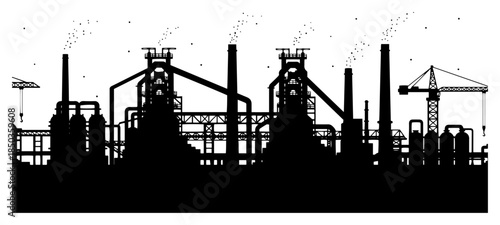 Wide panoramic silhouette of heavy industry factory complex with smoking chimneys and cranes