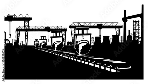 Interior view of steel mill foundry with ladles pouring molten metal on conveyor belt